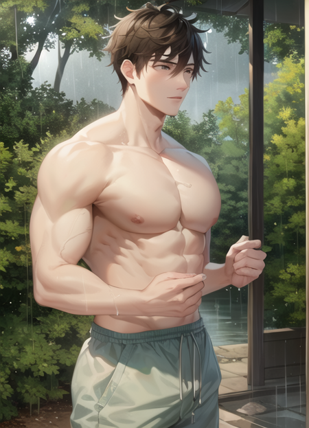 pectorals,male,forest,rain,<lora:Muscular-10:1>