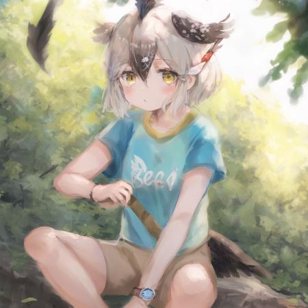 kusomeepchan, 1girl, ((solo)), shirt, beige hair, short sleeves, head wings, bird tail, beige bike shorts, short hair, hair between eyes, aqua t-shirt, shirt writing, bangs, hair tubes, yellow eyes, feather hair ornament, sidelocks, bare arms, watch, detailed shading, detailed ambient light