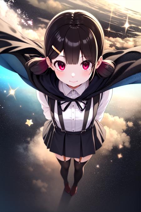 masterpiece, best_quality, 1girl, solo, komekko, suspender skirt, cape, hairclip, floating in space<lora:komekko_v1:0.8>