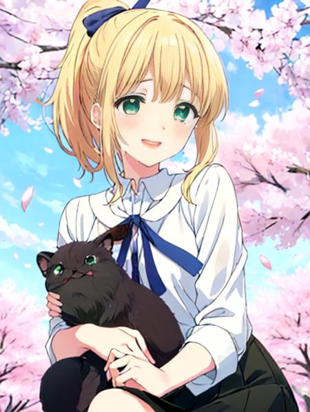 best quality, masterpiece, highres, detailed, perfect anatomy,  <lora:Detail - add_detail:0.2>, <lora:TeresaW:0.8>, TeresaW, ponytail, happy, blonde hair, white blouse, black skirt, blue ribbon, green eyes, sakura, happy, smiling, happy tears, 1girl,