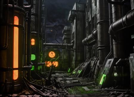 cptpower, post apocalyptic, trench, metal pipes, dark atmosphere, industrial,  green glowing tvs, brutalist    <lora:Captain_Power_Style:0.8>