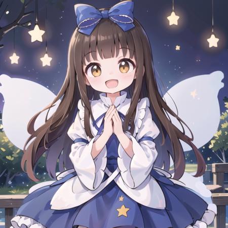 1girl , star sapphire,brown eyes, blue dress, star dress,star \(symbol\), brown hair fairy wings, wings, full body,boots,brown brown footwear, 