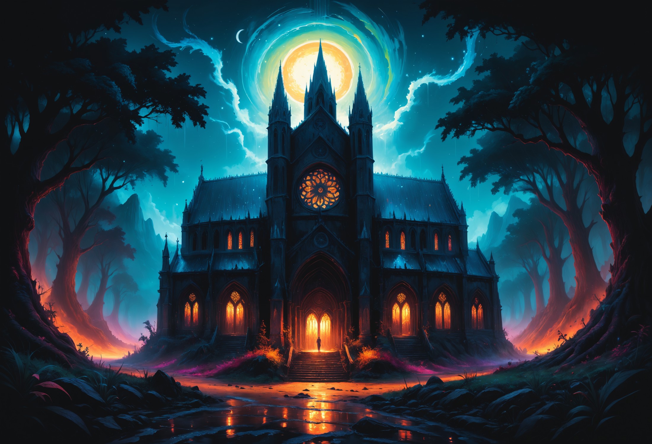 zavy-mthcl, summer, ink painting, acrylic, a cathedral of the death, diablo, world of warcraft, by Craola, Dan Mumford, An...