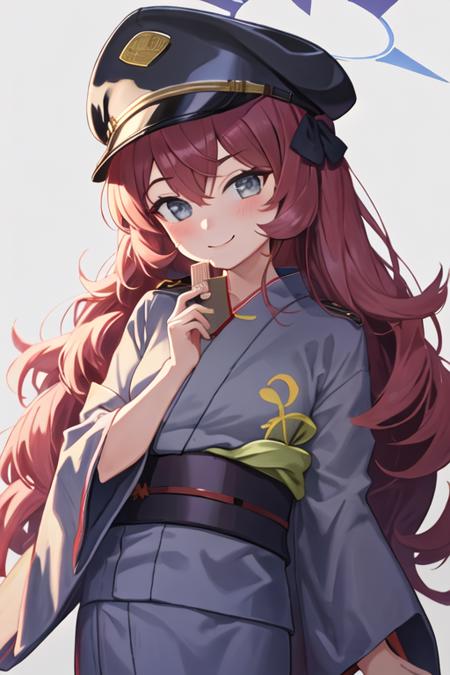 best quality, masterpiece, highres, solo, {yukata:1.40}, {kimono:1.20}, {iroha_bluearchive:1.15}, long_hair, red_hair, halo, bangs, blush, hat, hair_between_eyes, peaked_cap, black_headwear, grey_eyes, military_hat, necktie, red_necktie, smile, very_long_hair