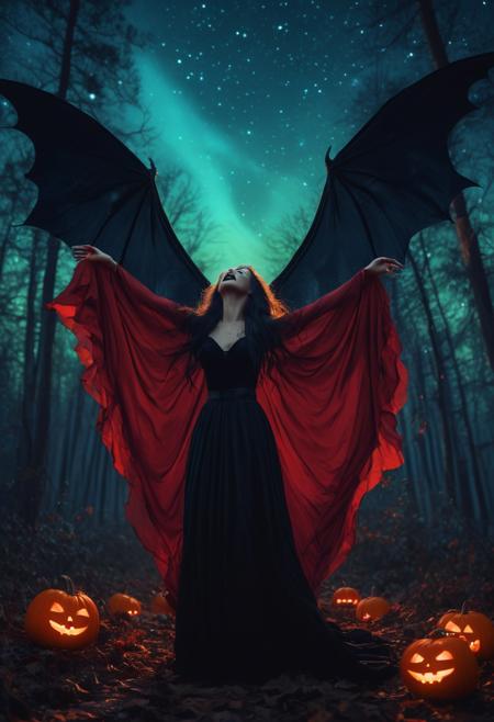 masterpiece, high quality, abstract, angelic woman, wings, screaming, vampire lady, elegant vampire clothes, centered, side view, black silhouette of a girl, (long flowy hair), flowy skirt, red bloody forest background, ((dynamic pose)), night time, dark theme, starry sky, glowing hair, cinematic, vivid colors, ((saturated neon colors)), perfect hands, anzhcdreamwave, aesthetic, Perfect Hands, aurora borealis, ((glowing halloween pumpkins)), ((bats))