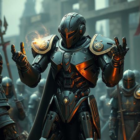 highly detailed, a high-tech robot in a medieval world conjuring a spell, two arms, the robot contrasts with the world around it, there are medieval warriors with armor around