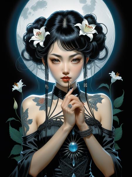 <lora:04Vintageillustration_Hap_XL:3.3>,Norman Rockwell style high quality, high quality 32k Woman in a gothic setting, grunge inspired with Yuko Shimizu, Masamune Shirow, Inio Asano, and Junji Ito's styles, high fashion elements in a dark and ambiguous atmosphere, hair flowing into a radiant lily, body embellished with crystals, luminicsm, bioluminescence, expression brimming with hyperrealism, stands with dark beauty, cinematic lighting, visual enhancement through triple exposure technique, accentuating the character's impeccably depicted fingers and idealised form, Japanese ink techniques, chiaroscuro effects, medium shot, high quality, ultra hd, Miki Asai Macro photography, close-up, hyper detailed, trending on artstation, sharp focus, studio photo, intricate details, highly detailed, by greg rutkowski