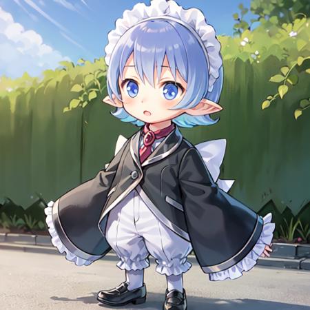 malechim, 1boy, solo, masterpiece, best quality,male focus, pointy ears, maid headdress, full body, outdoors, blush, maid, :o, sleeves past wrists, chibi, standing, shoes, open mouth, frills, crossdressing, brooch, white bow, apron, <lora:chimmale1a-000014:0.7>