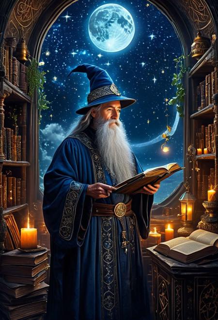 In a grand, ancient tower filled with dusty tomes and magical artifacts, a venerable wizard stands with a majestic presence, his long, grey beard flowing down to his waist and his eyes twinkling with ancient wisdom, atop his head rests a tall, pointed hat adorned with mystical symbols and runes that shimmer in the candlelight, he wears a deep blue robe embroidered with silver stars and moons, holding a gnarled staff topped with a glowing crystal, the room around him is filled with shelves of ancient books, bubbling potions, and enchanted objects, a large, circular window behind him reveals a night sky filled with stars and a glowing crescent moon, casting a serene glow over the scene, magical orbs of light float in the air, illuminating the intricate carvings and sigils on the walls, the air is thick with the scent of old parchment and herbs, as the wizard prepares to cast a powerful spell, his expression one of focused determination and profound knowledge.