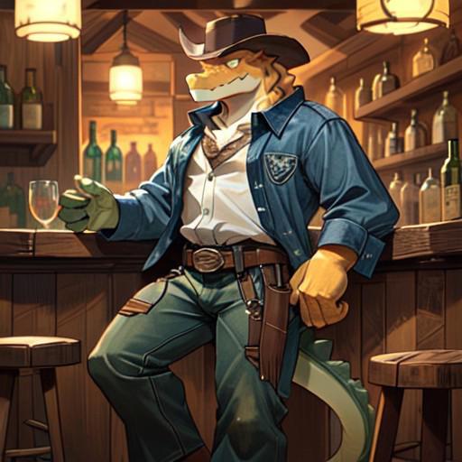 safe_pos, by darkgem, solo, gummigootadc, male, standing, three-quarter portrait, chaps, jeans, cowboy outfit, empty eyes, barely visible nipples, open shirt, yellow body, tipping hat, one leg up, stool, saloon, bar, wild west, detailed background, detailed lighting, best quality, good quality,  <lora:epi_noiseoffset2:.5> <lora:fluffyrock-quality-tags-v4.rc11.5:1>  <lora:gummigootadc:1>