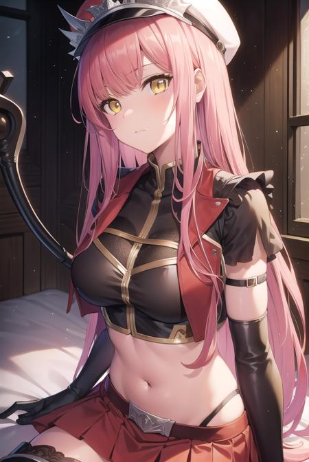 medb, <lyco:medb-lyco-nochekaiser:1>,
medb, long hair, pink hair, (yellow eyes:1.5),
BREAK choker, crop top, elbow gloves, gloves, hat, high heel boots, high heels, navel, peaked cap, red skirt, riding crop, skirt, thigh boots, thighhighs,
BREAK looking at viewer,
BREAK indoors, bed,
BREAK <lyco:GoodHands-beta2:1>, (masterpiece:1.2), best quality, high resolution, unity 8k wallpaper, (illustration:0.8), (beautiful detailed eyes:1.6), extremely detailed face, perfect lighting, extremely detailed CG, (perfect hands, perfect anatomy),