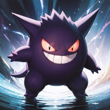 ((masterpiece,best quality)), absurdres,
<lora:Gengar_Pokemon_v2_Anime:0.7>, Gengar_Pokemon,  no humans, pokemon \(creature\),
solo, smiling, looking at viewer, 
purple theme, cinematic composition,