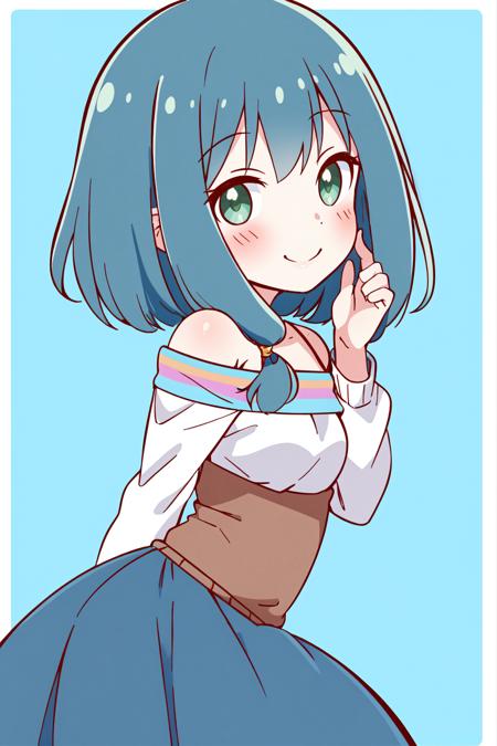 meiza, 1girl, solo, looking at viewer, blush, smile, short hair, green eyes, blue hair,  collarbone,  skirt, thighhighs, hat, dress, bare shoulders, jewelry, standing,  flower, black thighhighs, off shoulder, bracelet, blue skirt, white headwear, garter straps,blue footwear,  ice, outdoors, park,