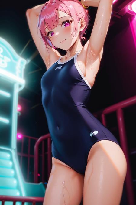 (masterpiece),ultra-detailed,perfect-composition,shiny skin,shiny hair,
1girl,solo focus,small,cute,
scmz , blue one-piece swimsuit,<lora:scmz blue one-piece swimsuit:0.5:NIN>
armpits, 
rim light,lens flare, 
amusement park,  night  pool, 

<lora:pnkr:0.5:NIN>,pink theme,purple theme,red theme,night,pink lighting,cinematic lighting,neon lights,