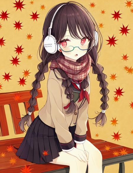 highres, 1girl, solo, glasses, autumn leaves, long hair, school uniform, red eyes, dot pupils, eyelashes, sitting, blush, looking at viewer, open mouth, bench, black hair, headphones, hair ornament, pleated skirt, leaf, twin braids, plaid scarf, maple leaf, brown hair <lora:style_akakura_v1.1.1:1>