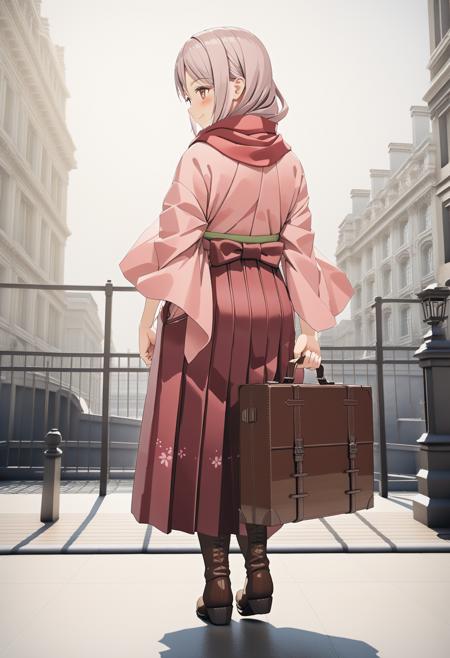 1girl, himeyamato, full body, standing, pink kimono, red hakama, hakama skirt, scarf, carrying briefcase, wide sleeves, boots, brown footwear, from behind, smile, blush, natural lighting, (masterpiece, best quality), detailed scenery, london, (3d render:1), watercolor \(medium\), <lora:kamikazes_animaginexl_2-44:0.9>