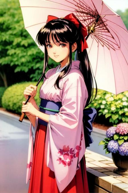 masterpiece, best quality,(1990s \(style\):1.2),Sakura Shinguuji (sakure wars), 1girl, umbrella, solo, japanese clothes, long hair, flower, oil-paper umbrella, kimono, hydrangea, bow