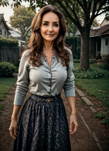 photograph full body, cinematic still highly detailed eyes, Atmospheric cinematic still of a beautiful 51-year-old woman with long brown hair, grey streaks, cute smile, standing under a tree, looking at viewer, touching hair, clear and intense dark-brown eyes, halter top, long skirt, cleveage, highly detailed eyes, cute smile, perfect full colorful coherent cinematic composition, sharp focus, elegant, highly intricate, innocent, generous, inspired, pretty, fine, complex background, artistic, light, crisp, color, clear, aesthetic, very inspirational, vibrant, radiant, bright, vivid, gorgeous, focused, loving, symmetry, thought, elite, polished, beautiful, stunning, 50mm . cinematic 4k epic detailed 4k epic detailed photograph shot on kodak detailed cinematic hbo dark moody, 35mm photo, grainy, vignette, vintage, Kodachrome, Lomography, stained, highly detailed, found footage, glamorous photo full body, cinematic still highly detailed eyes, Atmospheric cinematic still of a beautiful 51-year-old woman with long brown hair, grey streaks, cute smile, standing under a tree, looking at viewer, touching hair, clear and intense dark-brown eyes, halter top, long skirt, cleveage, highly detailed eyes, cute smile, perfect full colorful coherent cinematic composition, sharp focus, elegant, highly intricate, innocent, generous, inspired, pretty, fine, complex background, artistic, light, crisp, color, clear, aesthetic, very inspirational, vibrant, radiant, bright, vivid, gorgeous, focused, loving, symmetry, thought, elite, polished, beautiful, stunning . high fashion, luxurious, extravagant, stylish, sensual, opulent, elegance, stunning beauty, professional, high contrast, detailed