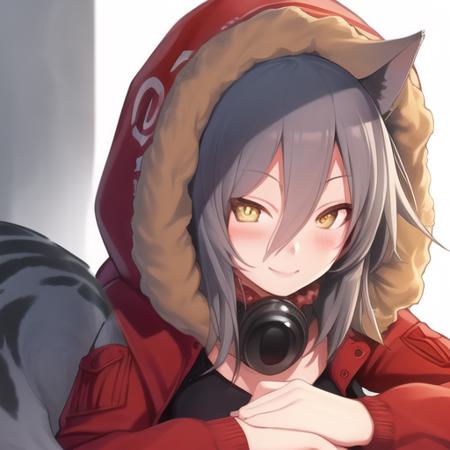 qua_nails, 1girl, fur-trimmed_hood, hood, canines, solo, red_jacket, alpha_signature,animal_ears, blush, looking_at_viewer,detailed ambient light,  detailed face and eyes, higher body and limbs detail, realistic proportions,