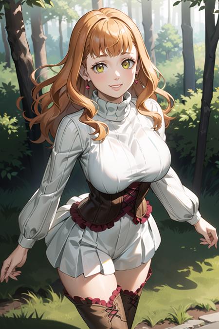 beautiful mimosa vermillion,orange hair, turtleneck sweater, corset, thighhighs,thigh boots, earrings, smile, looking at viewer, floating, floating object, ,outdoors, forest,  light smile, scenery, (volumetric lighting), best quality, masterpiece, intricate details, tonemapping, sharp focus, hyper detailed, trending on Artstation,