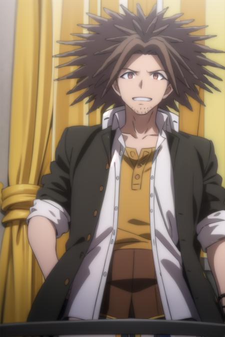 yasuhirohagakure, <lora:yasuhiro hagakure s1-lora-nochekaiser:1>,
yasuhiro hagakure, bangs, brown hair, (brown eyes:1.3), male focus, facial hair, dreadlocks, smile, grin,
BREAK shirt, collarbone, jacket, white shirt, open clothes, collared shirt, open jacket, black jacket, dress shirt, brown shirt,
BREAK indoors, classroom,
BREAK looking at viewer, (cowboy shot:1.5),
BREAK <lyco:GoodHands-beta2:1>, (masterpiece:1.2), best quality, high resolution, unity 8k wallpaper, (illustration:0.8), (beautiful detailed eyes:1.6), extremely detailed face, perfect lighting, extremely detailed CG, (perfect hands, perfect anatomy),