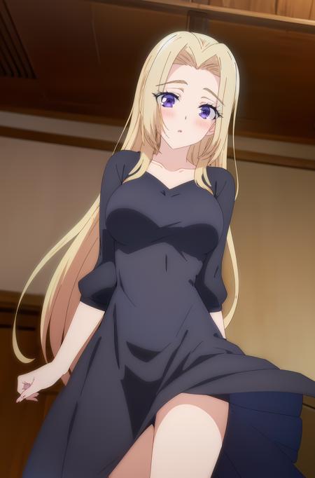 isaku senagaki \\(ojoutobankenkun\\) blonde hair, blush, purple eyes, eyelashes, long hair, bangs, parted lips, collarbone, medium breasts, school uniform