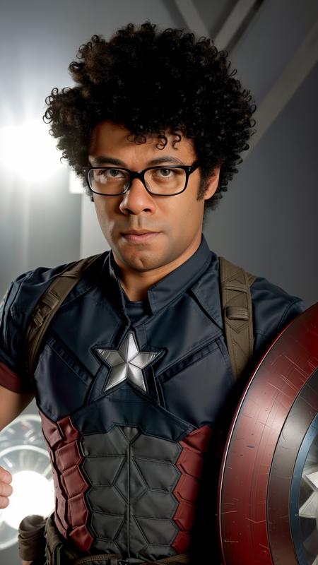 modelshoot style, muscular (Richard Ayoade as Moss), as (Captain America), intricate details, lens flare, intricate detailed face, 4k, 8k, hdr <lora:Richard-Ayoade-v10:0.7>