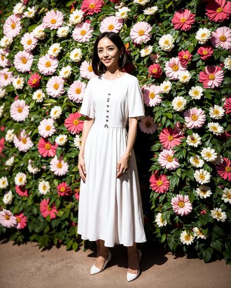 a woman in a white dress standing in front of a tree with flowers on it's branches and a pink background,full body, socks, light smile,