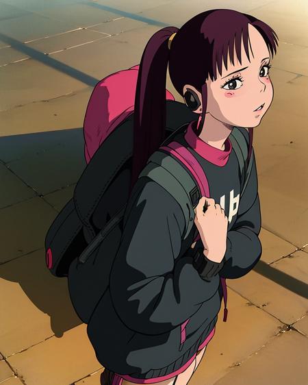 @Spirited, portrait of a beautiful goth girl, backpack, 1990s techwear, headphones, volumetric lighting, realistic shadows