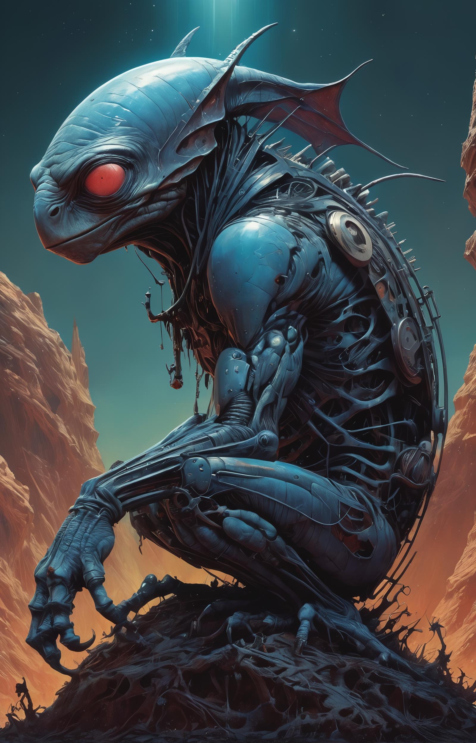 The image features a large robot with a blue body, sitting on rocks and having a red glow in its eyes. The robot is positioned with its legs crossed and appears to be intricately designed, possibly resembling a creature. The scene seems to be set in a space environment, with the robot being the central focus of the image.