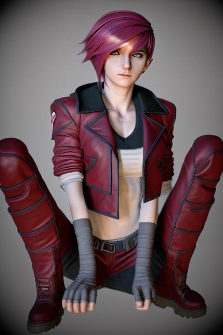 <lora:ArcaneVi-000021:1> arcanevi, a woman with medium short pink hair wearing a red leather jacket, female face, unreal engine character art, full body