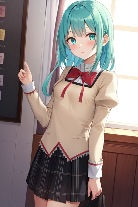 mitakihara school uniform, aqua hair, aqua eyes