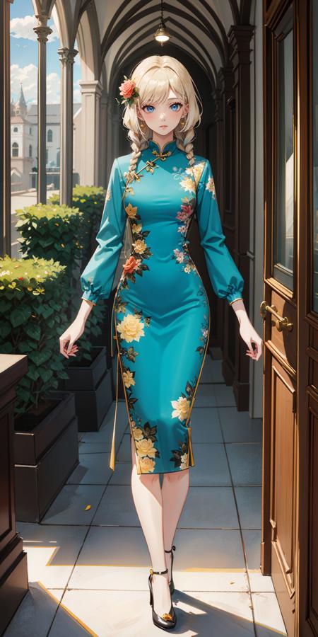 <lora:ChinaDressStyle1_Remake:0.9>, 1girl, yellow long china dress, long sleeves, (floral print, birds print), looking at viewer, black high heels, long hair, twin braids, full body, standing, (cowboy shot),(masterpiece, high quality, best quality), (colorful),(delicate eyes and face), volumatic light, ray tracing, extremely detailed CG unity 8k wallpaper,solo, ((flying petal)), outdoors, town, path, ((flower)), sunshine, blue sky, clouds, houses, (cathedral), green plants,