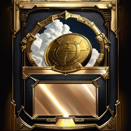 bct2,black and gold colour, card that looks like a bank vault, heroic fantasy style, black background, chest in the picture frame at the top, cloud texture text box at the bottom, coin symbol at the top right, shield symbol at the bottom left,  masterpiece, best quality, <lora:bct2_2080_basic:3.0> <lora:add_detail:-0.5>