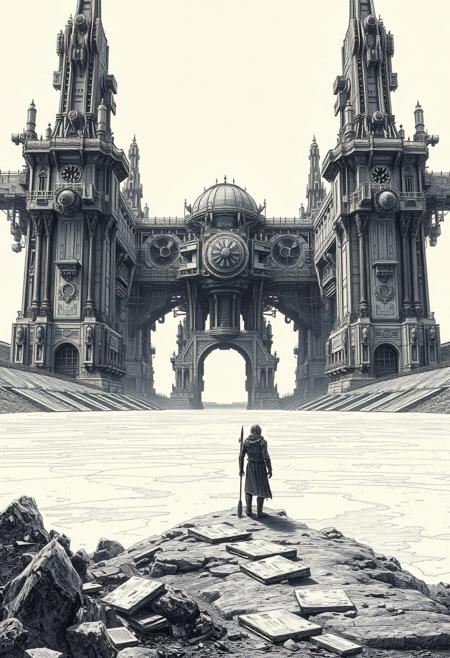 A ghostly figure standing at the edge of a salt lake, intricate linework, 19th century engraving technique, monumental sci-fi architecture, industrial surrealism, richly detailed etching style, gothic science fiction, retro-futuristic landscapes, baroque machinery, deep perspective, victorian expedition imagery, vast dystopian megastructures, explorers in impossible environments, high-contrast black and white, mechanical decay, steampunk x cyberpunk fusion, narrative illustration, vast scale environments, isolated human figures in vast unknown
