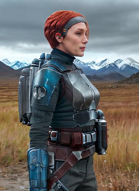 fullbody photo of skswoman, thirsty, short red hair, a colony on a distant planet struggles for survival, landscape with fire, analog style (look at viewer:1.2) (skin texture), Fujifilm XT3, DSLR, 50mm, <lyco:Bo-KatanV2:1.1>