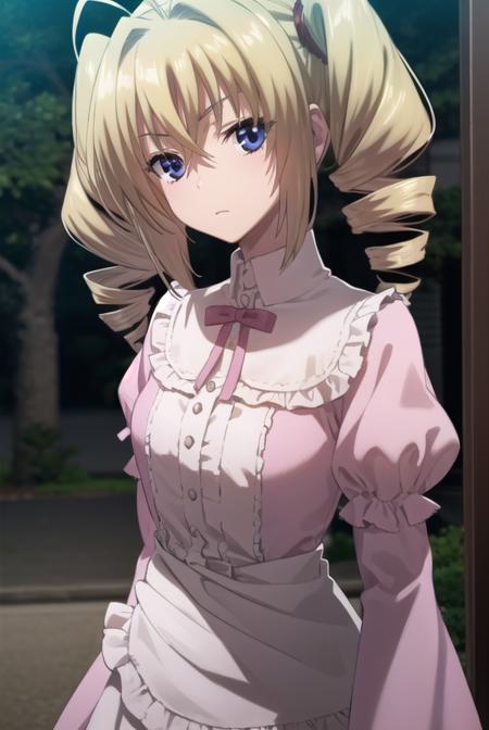 ravelphenex, <lora:ravel phenex anime s1-lora-nochekaiser:1>,
ravel phenex, blue eyes, blonde hair, twintails, drill hair, antenna hair,
BREAK dress, bow, pink dress, puffy sleeves, long sleeves, frills,
BREAK indoors, classroom,
BREAK looking at viewer, (cowboy shot:1.5),
BREAK <lyco:GoodHands-beta2:1>, (masterpiece:1.2), best quality, high resolution, unity 8k wallpaper, (illustration:0.8), (beautiful detailed eyes:1.6), extremely detailed face, perfect lighting, extremely detailed CG, (perfect hands, perfect anatomy),