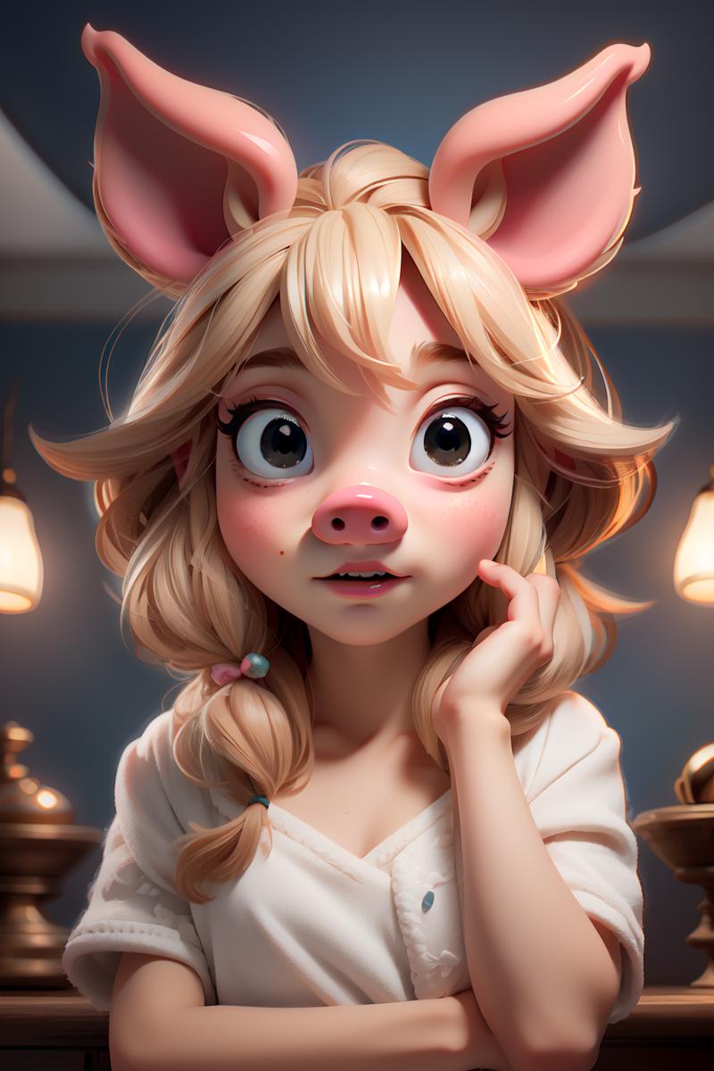 A cartoon character with blonde hair and a pink nose, wearing a white shirt.