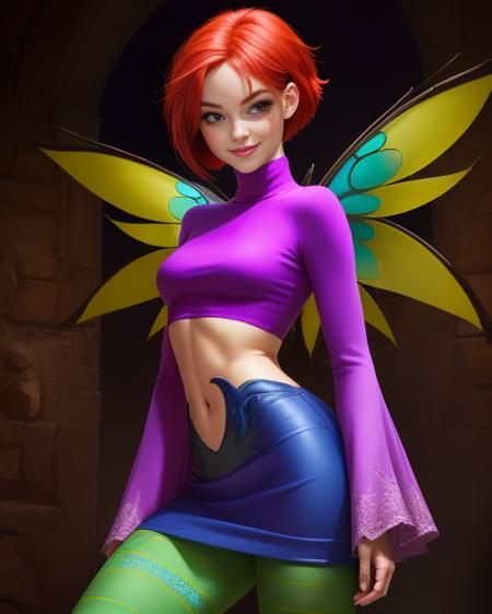 Will, short red hair, brown, solo, standing, smiling,  cowboyshot
Vandom,midriff ,wide sleeves, green-blue striped pantyhose, purple turtleneck, purple boots,  navel,  miniskirt, 
fairy wings, 
(insanely detailed, beautiful detailed face, masterpiece, best quality) cinematic lighting,  <lora:WillVandom:0.7>