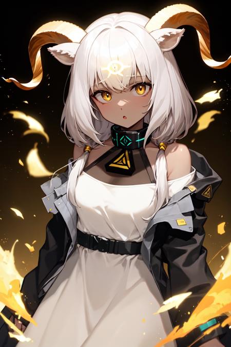 goat horns, goat ears, white hair, yellow eyes, low twintails, white dress, off-shoulder dress, halterneck, infection monitor \(arknights\), black coat, black belt
BREAK subsurface scattering, volumetric lighting,  glowing forehead mark, (glowing eyes, shaded face:1.1), dark background, black background, :o, floating hair
BREAK parted lips
BREAK yellow background, gradient background, (gold particles:1.2), gold leaf
 <lora:beeswaxBASE:1>