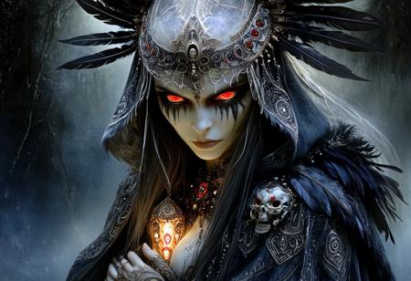a digital painting in a dark, atmospheric style, portraying a mysterious woman with an air of ancient mysticism. The subject is a woman with pale skin and striking, glowing red eyes that seem to pierce through the dim light. Her long, dark hair cascades down her back, adorned with a large, ornate headdress made of black feathers and a prominent skull. The skull, centrally placed, is intricately detailed with sharp, menacing teeth and a hollow eye socket, adding to the eerie atmosphere.
Her face is adorned with tribal-like markings, including dark, geometric patterns around her eyes and mouth, enhancing her otherworldly appearance. She wears a heavy, fur-lined cloak that drapes over her shoulders, with the texture of the fur rendered in fine, detailed brushstrokes. The cloak is dark, almost black, blending seamlessly into the shadowy background.
The background is a gradient of dark grays and blues, with subtle, wispy light streaks that suggest a misty, ethereal environment. The lighting is soft but dramatic, casting subtle highlights and deep shadows that emphasize the contours of her face and the intricate details of her headdress and cloak. The overall mood is dark, mystical, and haunting, evoking a sense of ancient, forgotten lore.
Ethereal Gothic Elegance