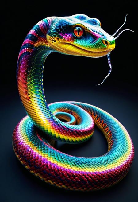 masterpiece, absurdres, HD, 8k, High detail, realistic, vivid colors A snake made out of fractangles. Each scale is a different hue. The snake is coiled and shining with light reflections. Dark background to make the snake pop.