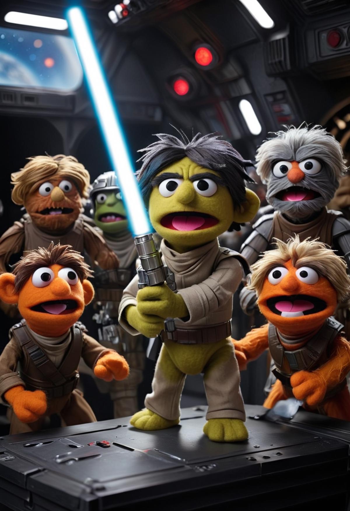 A group of Muppets posing for a photo with a Star Wars lightsaber.