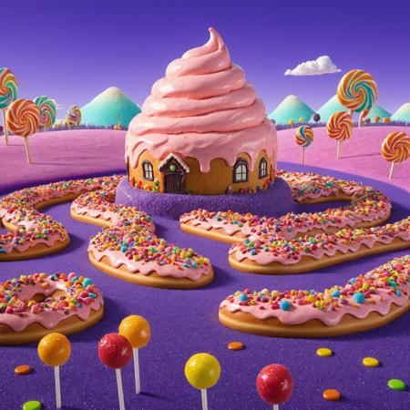 Highly detailed intricate masterpiece, 8k, colorful, rainbow, Full background, sweetscape, 3d, isometric view, black race track made with sugar colorful piping drizzle and glaze with intricate detailed road with piped track markings and a glitter finish, along the side of the track are oversized doughnuts , lollipop trees,  a house made of candy, a gradient sky above, a ice cream mountain in the background, purple grass<lora:SWEETSCAPE_XL:1>,