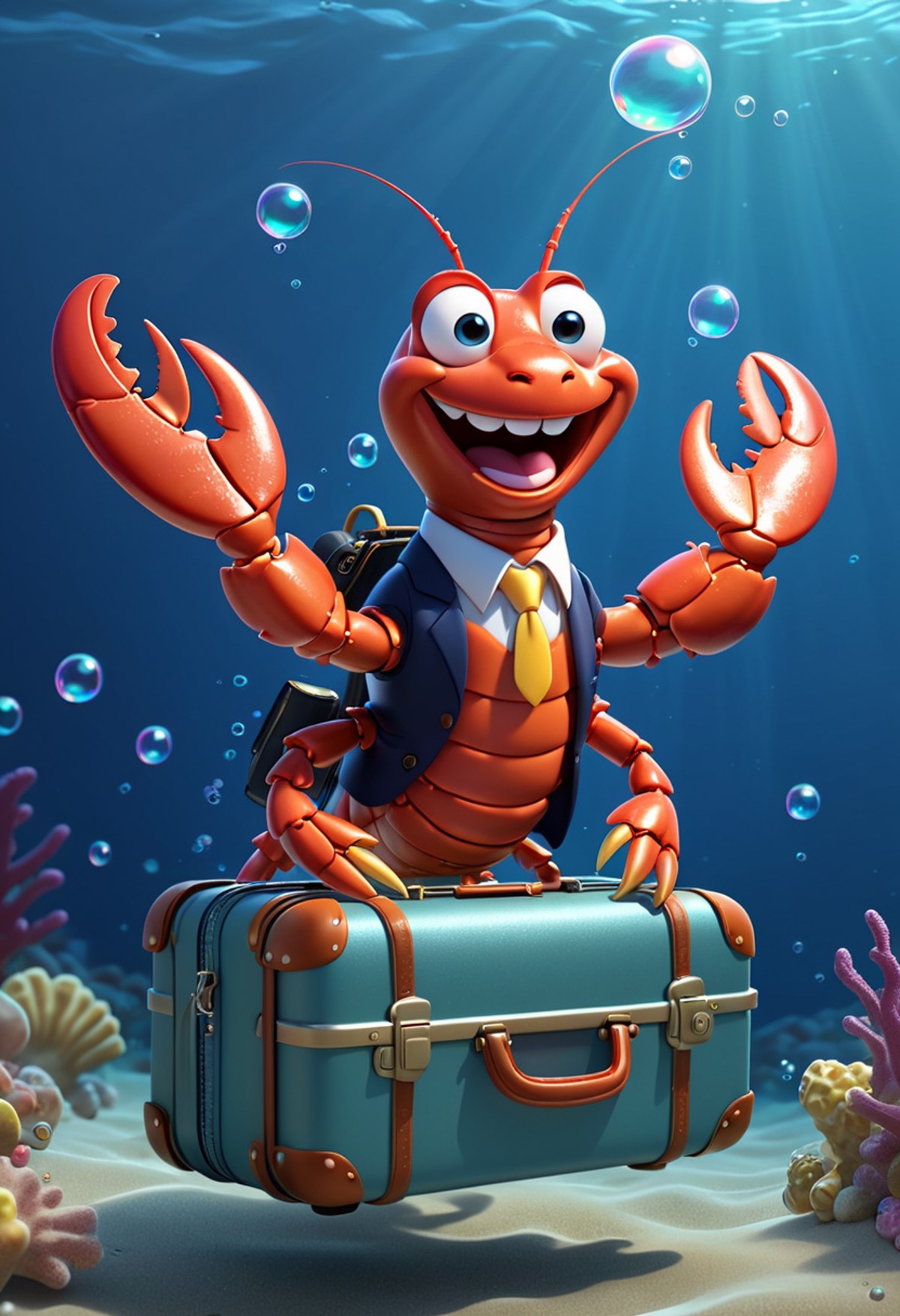 pixar style of  lobster, as a cartoon business  man character,  tinny cute, ((( luminous))), carring a little suitcase, in...
