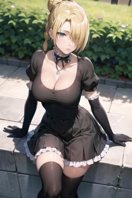 hilda_Beelzebub_aiwaifu69,blonde hair,hair over one eye,choker,green eyes,gloves,puffy sleeves,dress,elbow gloves,frills,large breasts,puffy short sleeves,black gloves,collarbone,cleavage,short sleeves,black choker,short hair,black dress,hair bun,necklace,frilled choker,black ribbon,skirt,kneehighs,black legwear,frilled dress, masterpiece,best quality,ultra detailed, 8k, 4k,highly detailed, scenery,pose,solo,
