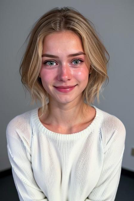 (face like emmatopdown),  body like goose_fit_girl,
blonde hair, athletic body,  eyecandy, desirable, 
(tiny breasts), beautiful green eyes, fit body,
 realistic,  
(wearing oversized white sweater ),
nervous, tiny smile, 
 (tears in eyes,( tears running down face,) ) 
Crying,