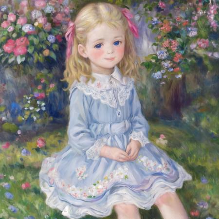 <lora:sar:0.6> srs masterpiece best quality ultra-detailed finely detail highres ((little female child)) two side up long blonde hair pink ribbon white dress lace-trimmed embroidery long sleeves blush embarrassed smile blue eyes sitting on side english floral garden