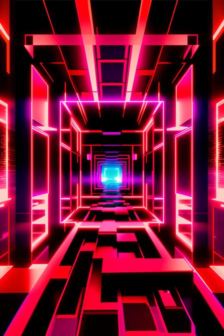 a futuristic looking room with red and black lights , no humans, building, scenery, stairs, city, road  , cyberspace_background