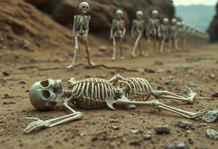 a skeleton lying on the ground, as we can see other skeletons march by. the image is one of giving in to the endless void.